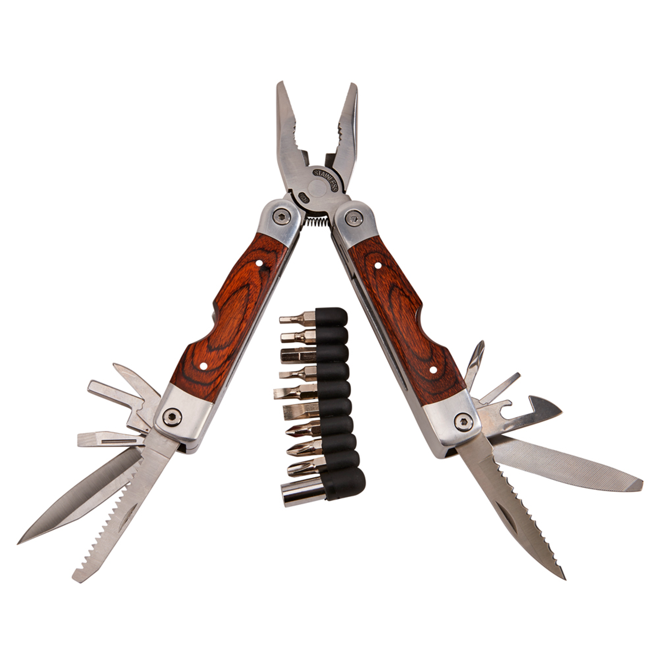 Wood Handle Stainless Steel Multi Tool with Bits 7"Open