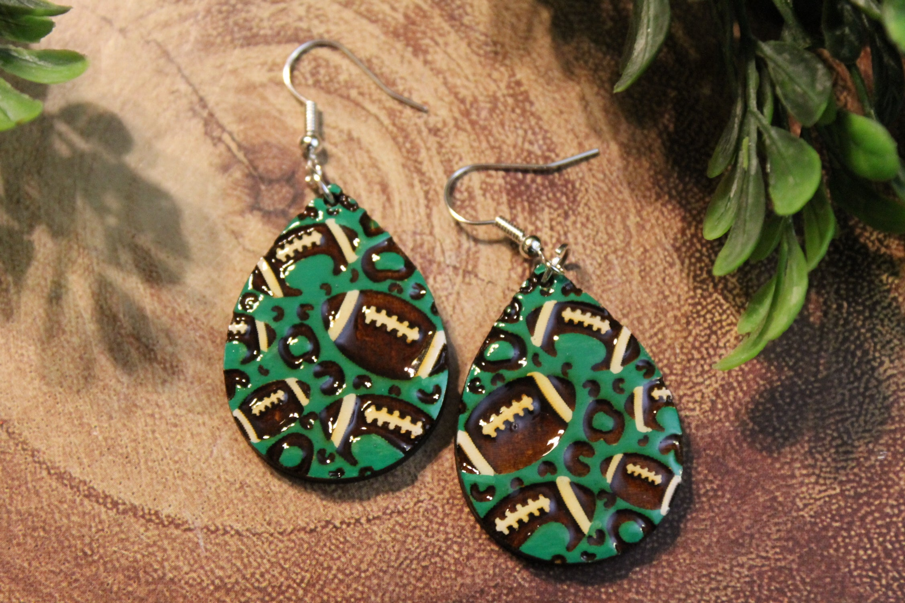 Football on Green Leopard | Teardrop Wood Dangle Earrings