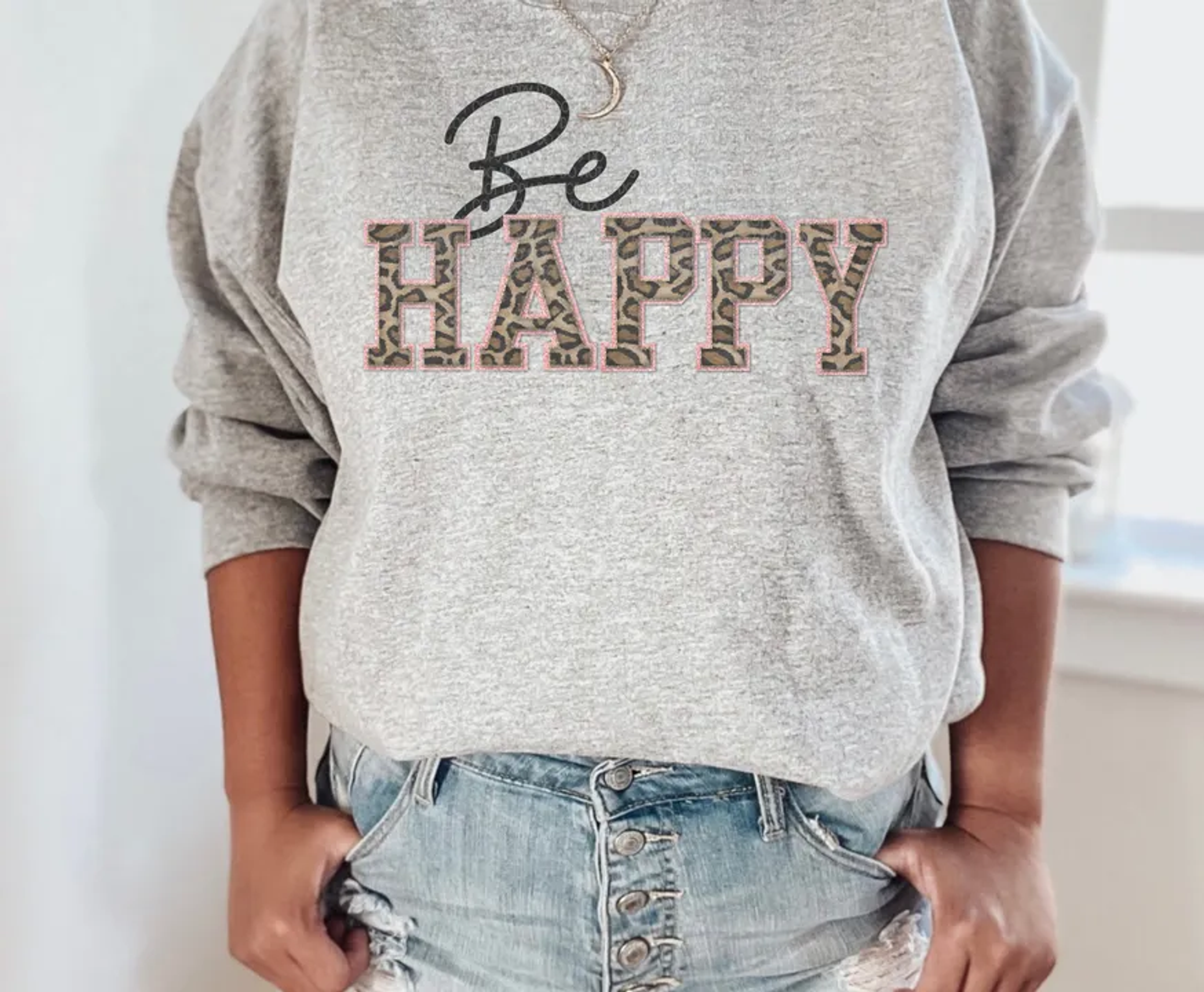 Be Happy Leopard Crew Neck Sweatshirt