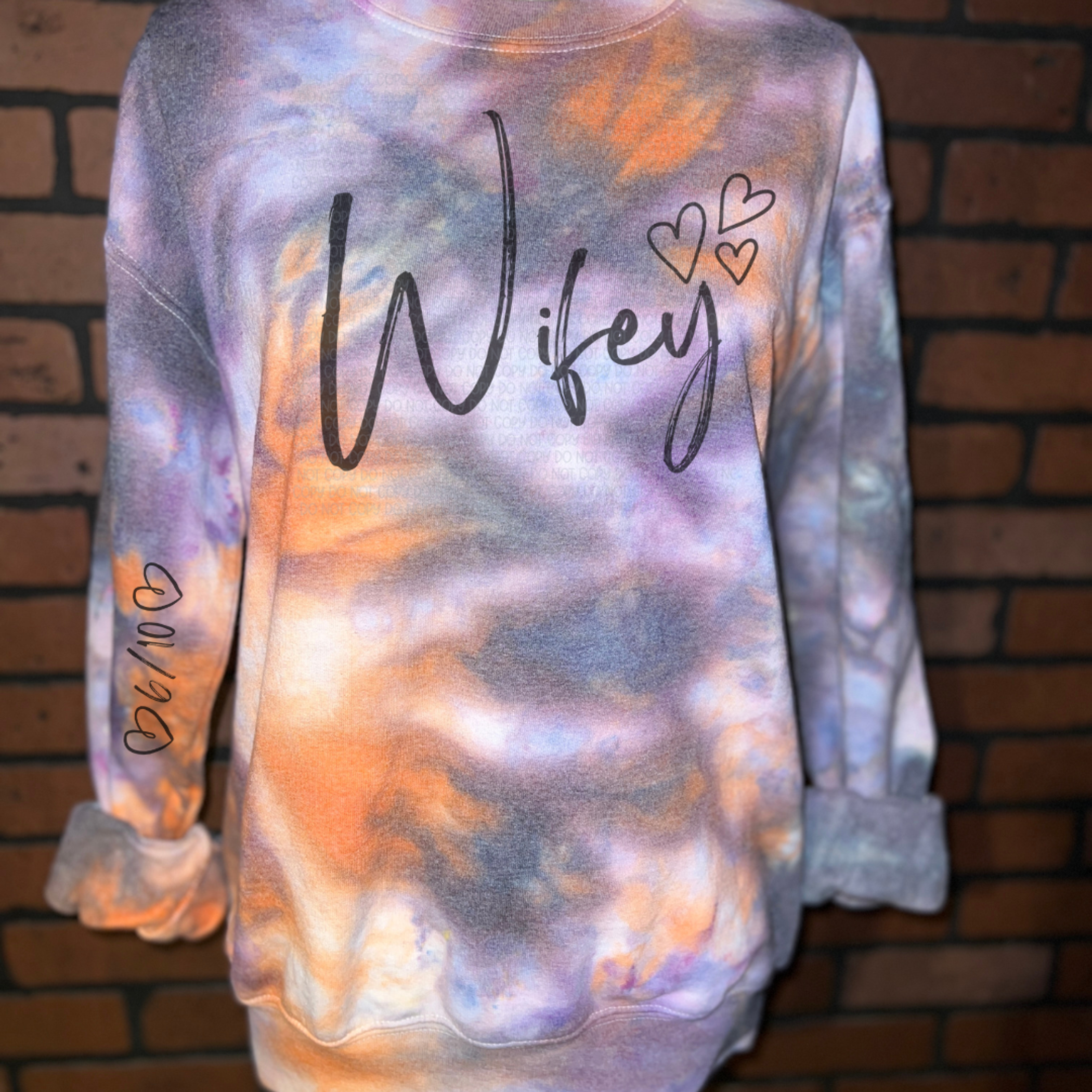 Wifey Sanderson Ice Tie Dye Sweatshirt with date on sleeve