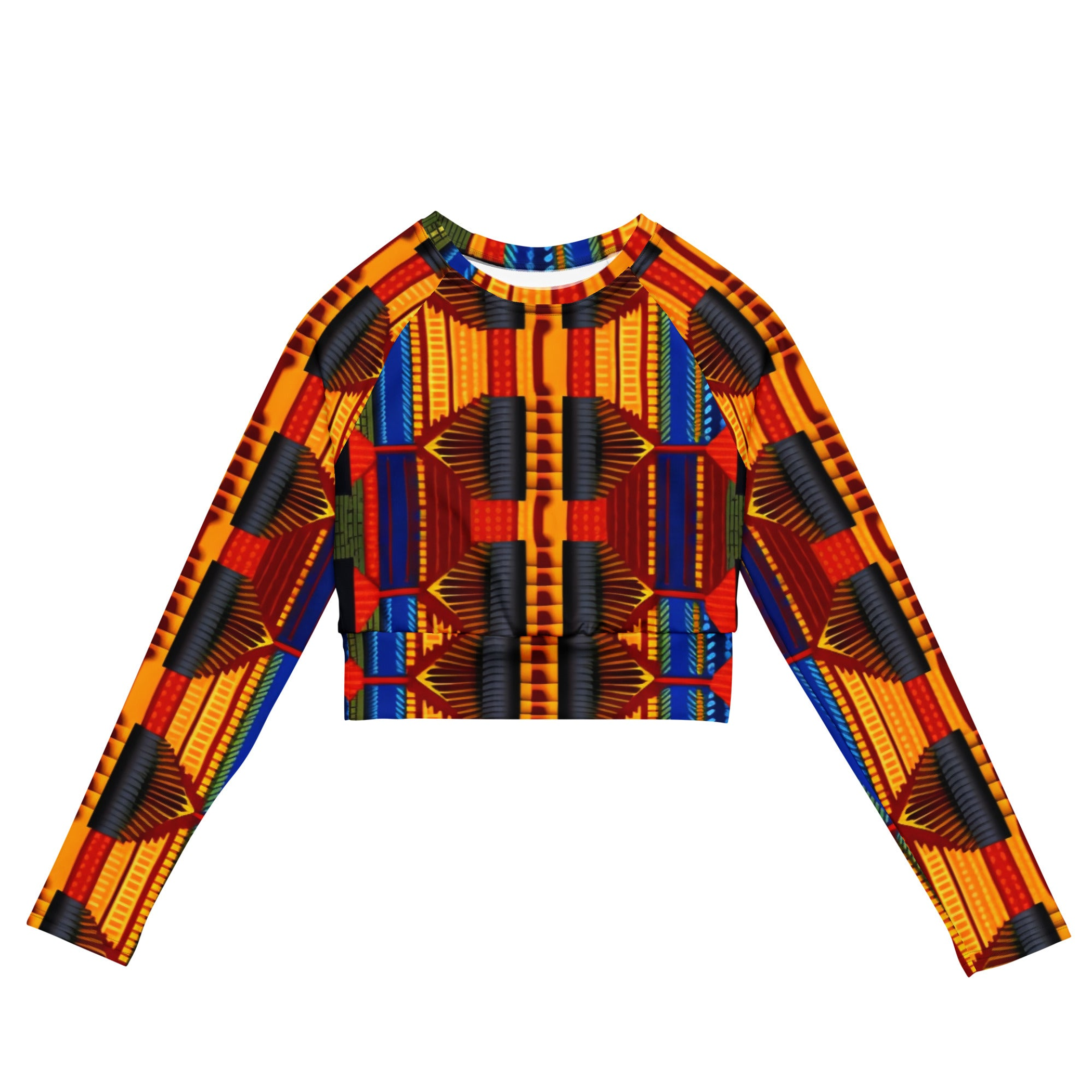 Yellow Blue African Kente Women's Longsleeve Crop Top