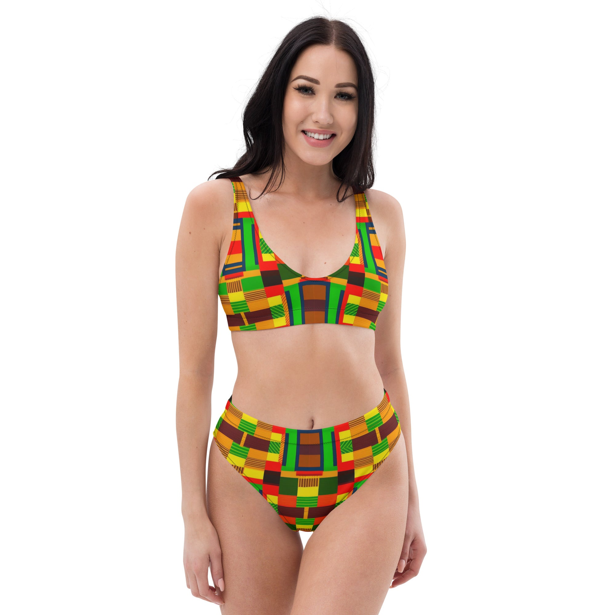 Kente African Print Vintage Floral High-Waisted Two Piece Swimwear for Women