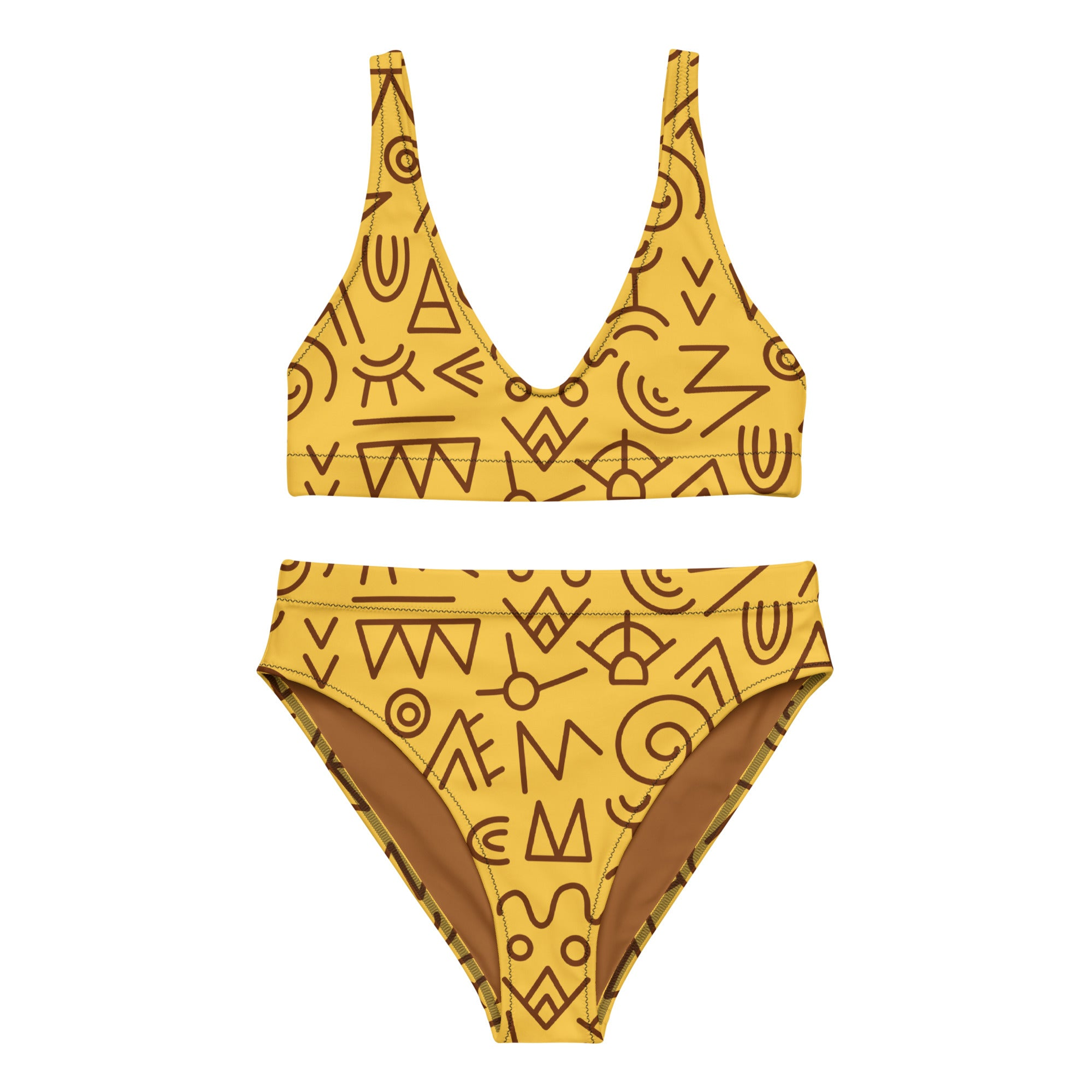 Yellow and Brown Pattern Women Recycled High-Waisted Bikini