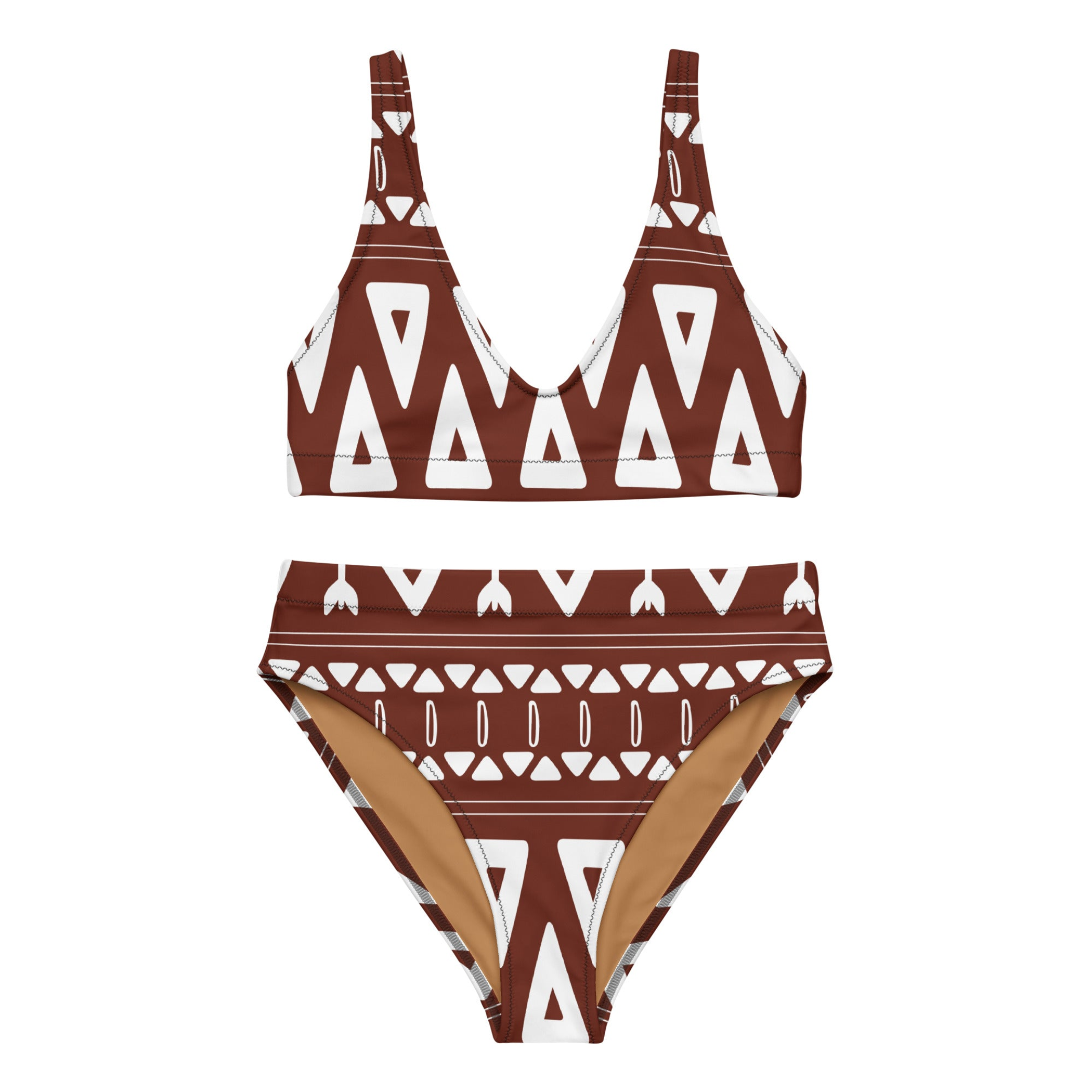 Brown African Pattern Women Recycled High-waisted Bikini