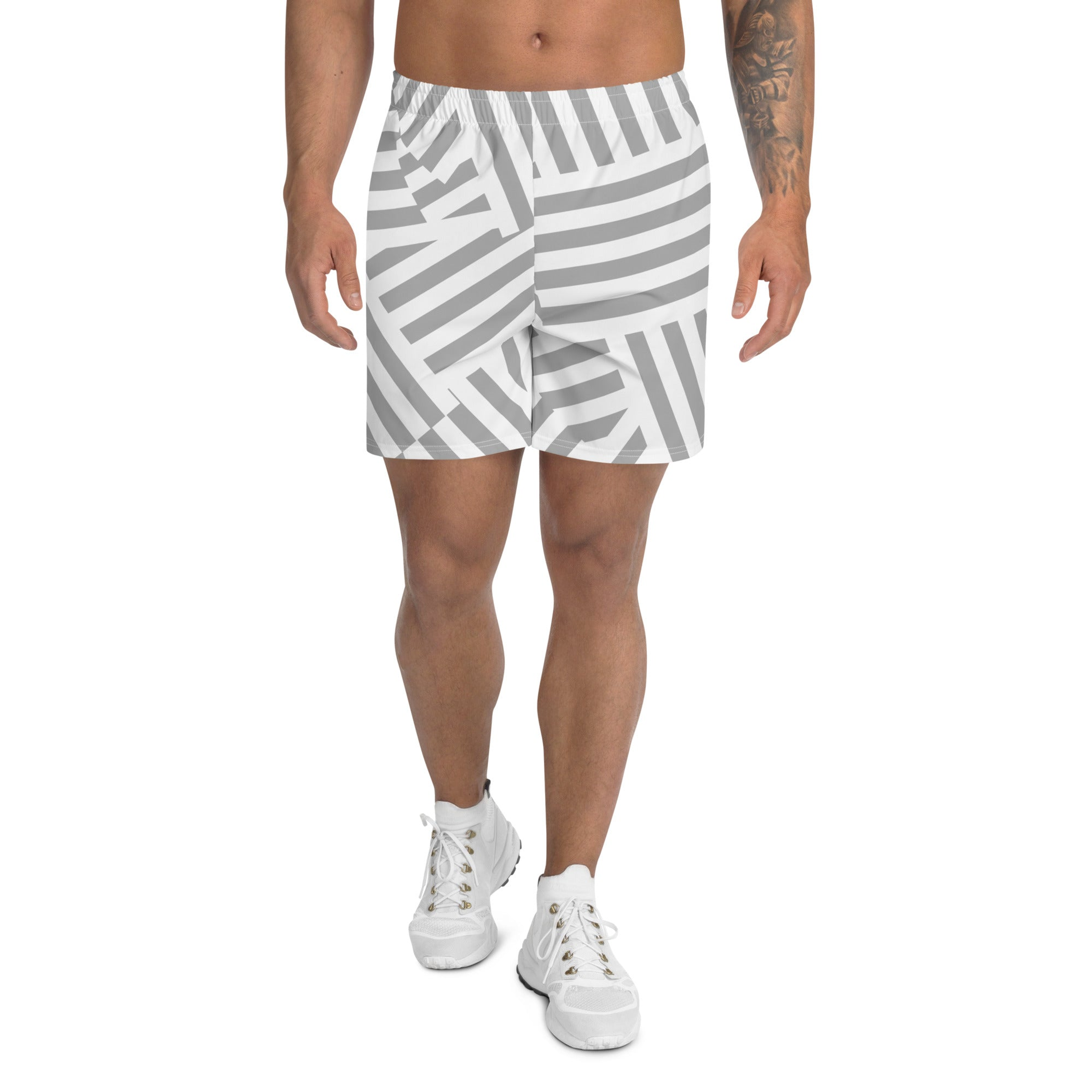 White and Grey Striped Pattern Athletic Shorts