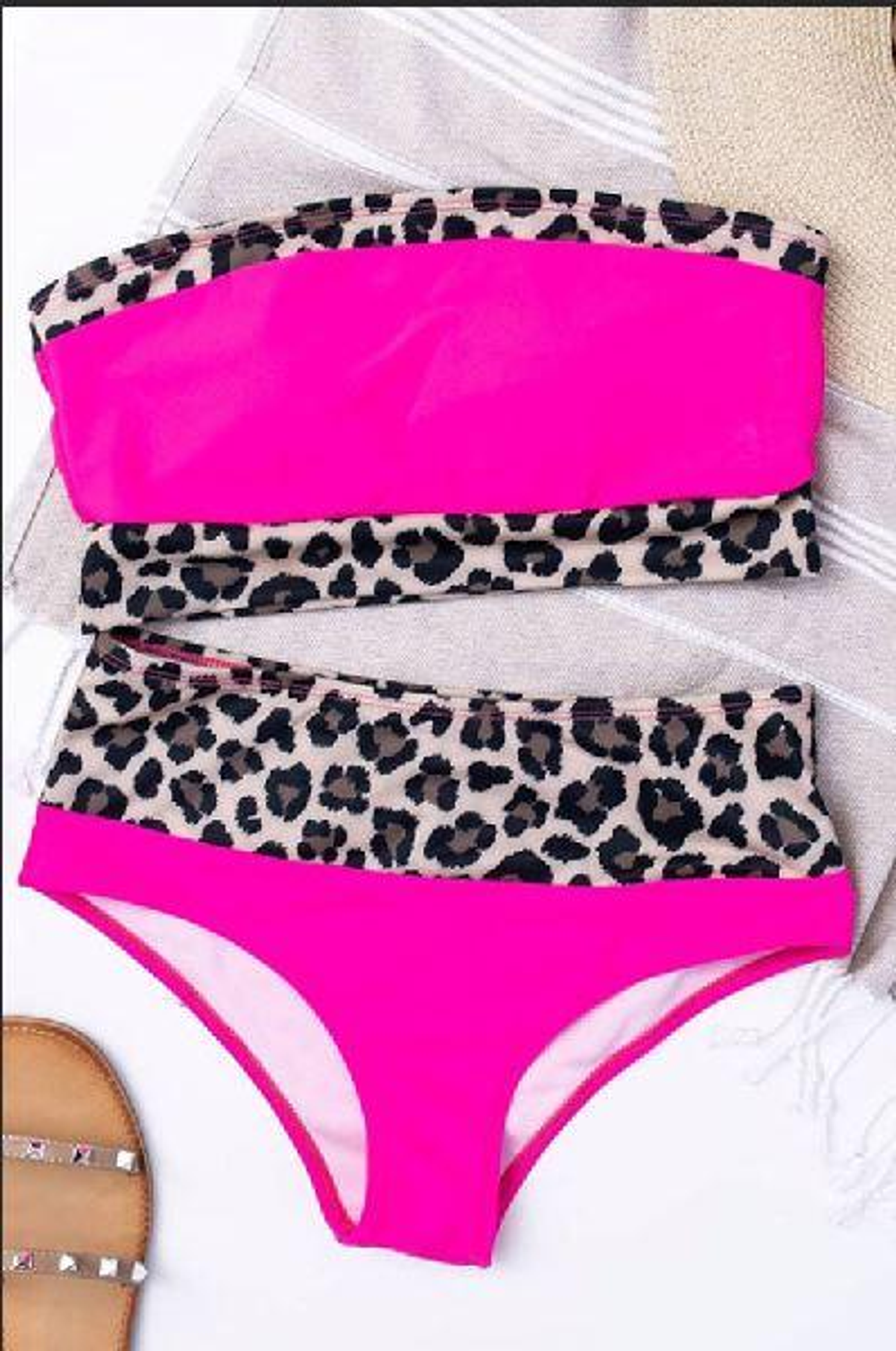 Neon Pink Leopard Print Trim Bandeau Bikini