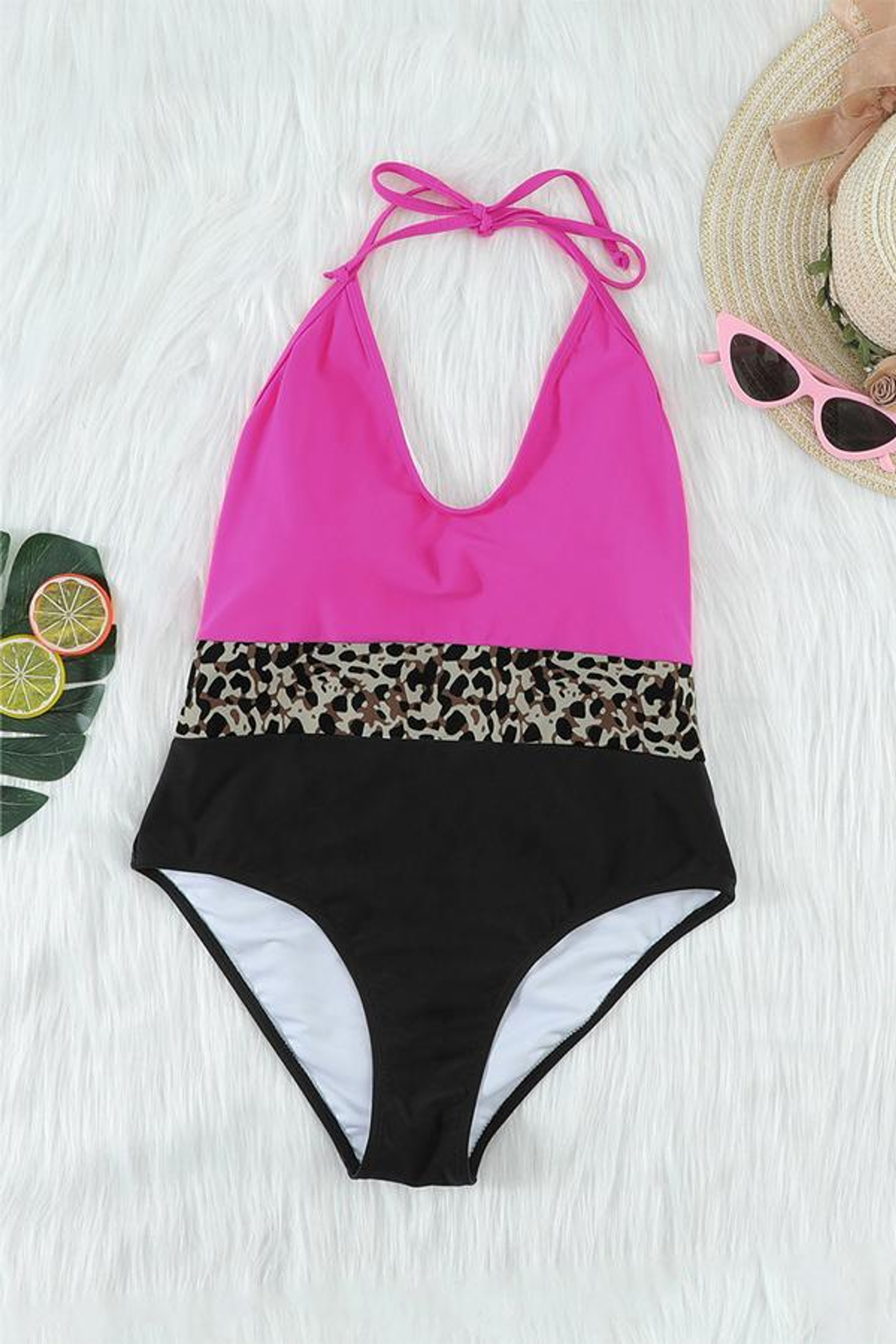 Rose Splicing Leopard Print Color Block One Piece Swimsuit